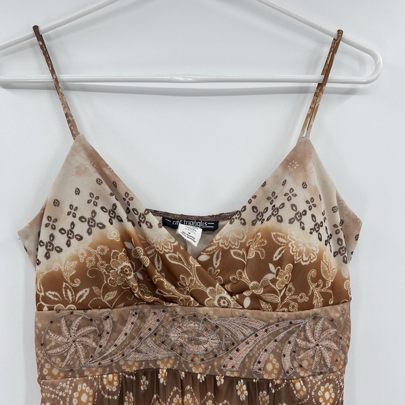 Vintage City Triangles Womens Babydoll Asymmetrical Dress Sz M Tan Forest Fairy - Picture 2 of 8